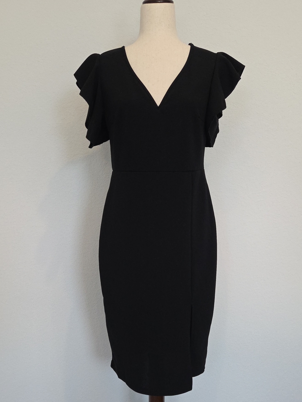 SHEIN Black V-Neck Ruffle Sleeve Midi Dress L Classic Party